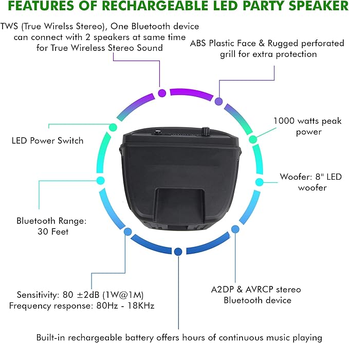 Technical Pro 8 Inch Portable 800 W Bluetooth Speaker W/Woofer & Tweeter, Festival PA LED, Bluetooth/USB Card Inputs, with UHF Wireless Handheld Microphone w/USB Powered Receiver