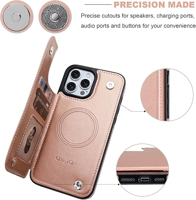 ONETOP Compatible with Magsafe for iPhone 13 Pro Max Wallet Case with Card Holder, PU Leather Kickstand RFID Blocking Case, Double Magnetic Clasp and Durable Shockproof Cover 6.7 Inch (Rose Gold)