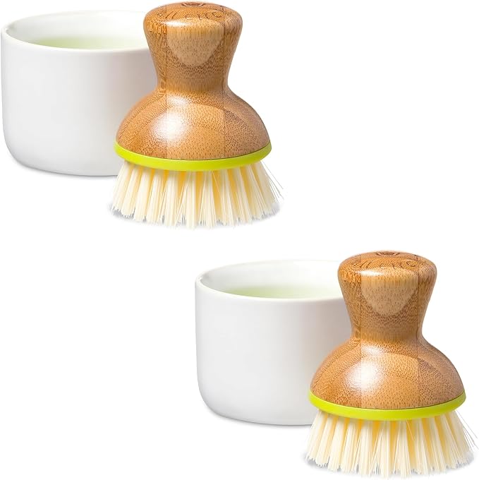 Full Circle Bubble Up- Eco-Friendly Bamboo Dish Brush & Ceramic Soap Dispenser - Natural Scrub Set for Dishes, Cast Iron - Kitchen Cleaning with Handle, White - 2 Pack