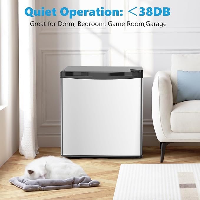 1.6 Cu.ft Mini Fridge with Freezer, Compact Refrigerator, Single Reversible Door, Ultra Quiet, Energy Efficient for Office, Dorm, Bedroom, Apartment, Silver