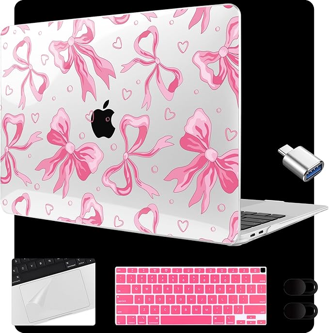 MEEgoodo for MacBook Air 13.3 inch Case 2021 2020 2019 2018 A2337 M1 A2179 A1932, Laptop Shell for MacBook Air M1 with Keyboard Webcam Cover & Trackpad Film & Type C Adapter,Pink Bow & Rainbow Striped