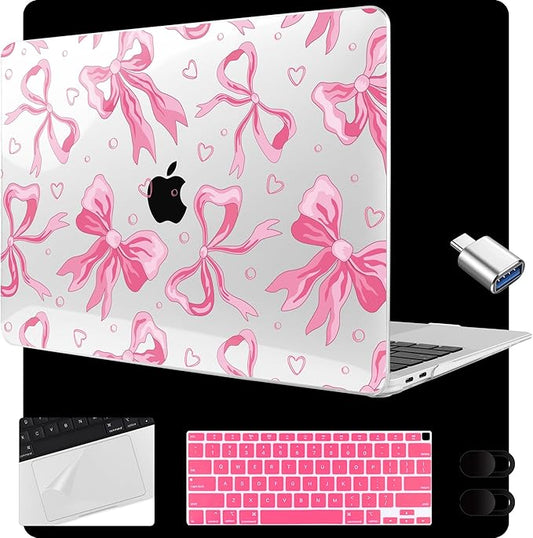 MEEgoodo for MacBook Air 13.3 inch Case 2021 2020 2019 2018 A2337 M1 A2179 A1932, Laptop Shell for MacBook Air M1 with Keyboard Webcam Cover & Trackpad Film & Type C Adapter,Pink Bow & Rainbow Striped