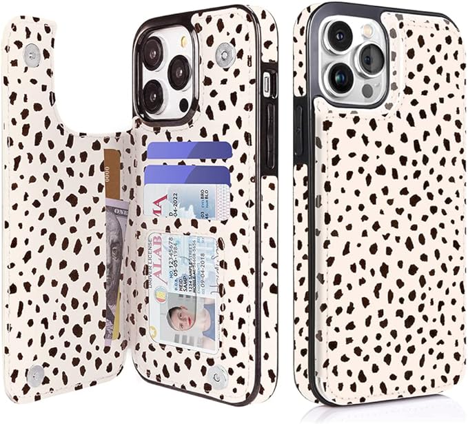 uCOLOR Compatible with iPhone 14 Pro Max 6.7" Wallet Case with Card Holder Folio Flip PU Leather Kickstand Card Slots Double Magnetic Clasp and RFID Blocking Cover 6.7 Inch (Almond Latte Polka Dot)