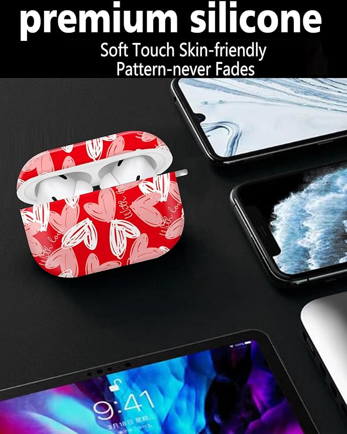 Cute Hard Case Compatible with AirPods Pro 2nd/1st Generation, Protective Cover with Golden Keychain, Fits 2023/2022/2019 Models, for Women, Girls, and Men(Red Heart)