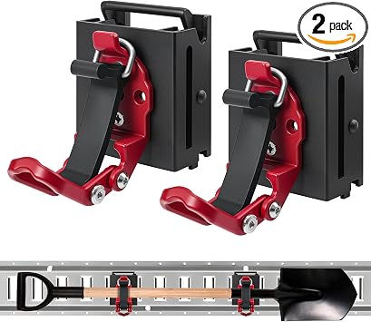 2 Pack E Track Tool Holder with Quick Release, Adjustable Clamp Mount for E-Track Accessories, Holds Broom, Shovel, Rake, Hose & Tools, Heavy Duty for Trailer, Truck & Cargo Organization，Red