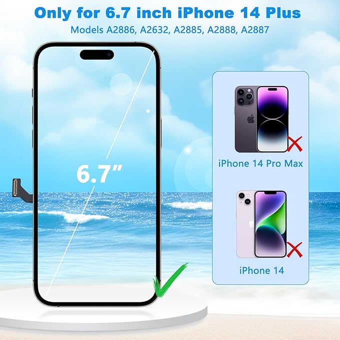 for iPhone 14 Plus Screen Replacement Black 6.7 Inch, LCD Touch Digitizer Complete Display for A2886, A2632, A2885, A2888, A2887,with Waterproof Seal+Tempered Glass+Repair Tools