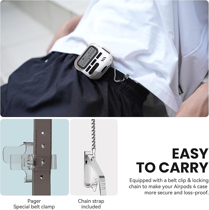 (with Safety Lock) Pager Cases for AirPods 4 Case Cover 2024 with Cleaner Kit,Sturdy Hard PC Protective for Apple AirPods 4th Generation Case for Men Women,AirPods 4 Accessories with Keychain-White