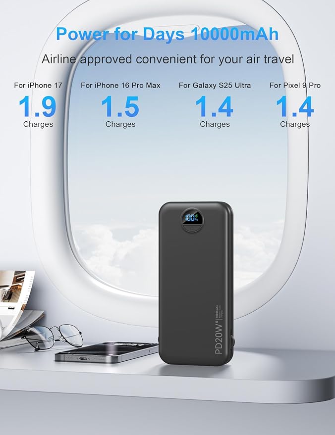Portable Charger with Wall Plug, 10000mAh USB C Power Bank Fast Charging, External Battery Pack with Built in Cables, Digital Display, 5 Output 4 Input for iPhone Android Cell Phone Tablet