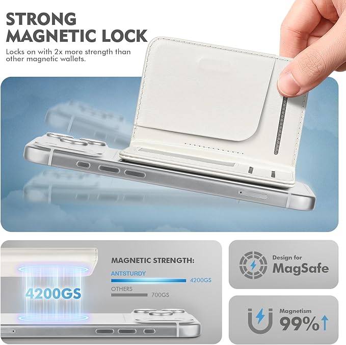 Antsturdy for Magsafe Wallet Stand with Holder,PU Leather RFID Blocking Card Holder,5 Card Slots,Strong Magnet Minimalist Flip Folio Kickstand for iPhone 17/16/15/14/13/12/Pro/Max/Plus/Air,White