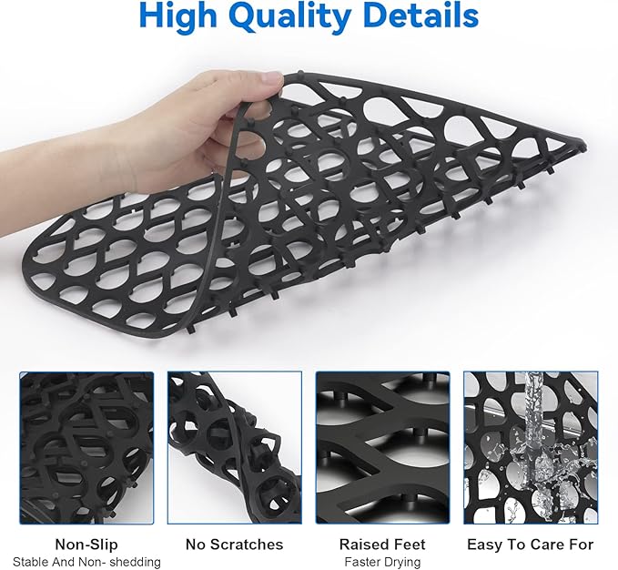Silicone Sink Mat 2PCS TOOVEM Cistern Protectors for Kitchen Sink, Grid Non-Slip Folding Kitchen Sink Mats for Bottom of Stainless Steel Porcelain Cistern- Black