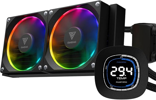 GAMDIAS 240mm CPU Liquid Cooler AIO w/ 2.1" Display & Customized Software, CPU Water Cooler w/Thick Radiator and ARGB PWM 2X 120mm Computer PC Case Fans, Compatible w/Intel 1700/1200 & AMD AM5/AM4