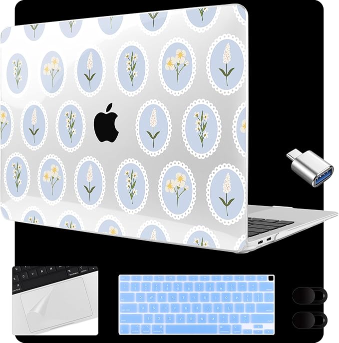 MEEgoodo for MacBook Air 13.3 inch Case 2021 2020 2019 2018 A2337 M1 A2179 A1932, Laptop Shell for MacBook Air M1 with Keyboard Webcam Cover & Trackpad Film & Type C Adapter,Spring Floral &Round Frame