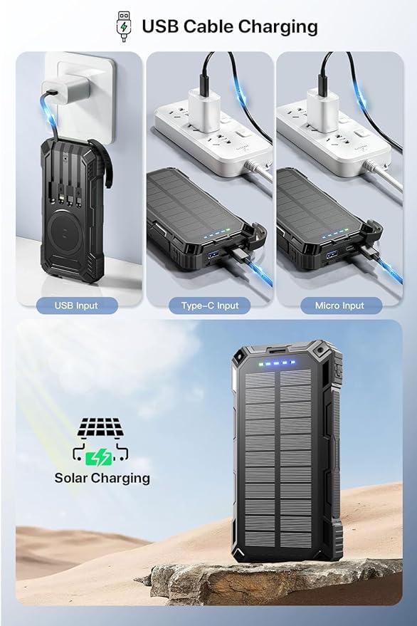 Power Bank 49800mAh Solar Portable Charger Wireless Charging USB-C 15W Fast Charging with 4 Built-in Cables LED Flashlight Battery Pack Compatible with iPhone, iPad, Perfect for Camping,Hiking