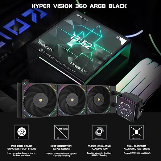Thermalright Hyper Vision 360 ARGB AIO CPU Liquid Cooler - Magnetic Fixed 3.95" LCD Display Screen, 2150RPM PWM Fans, for AMD AM4/AM5 & Intel LGA1150/1151/1200/2011/1700/1851 | Black