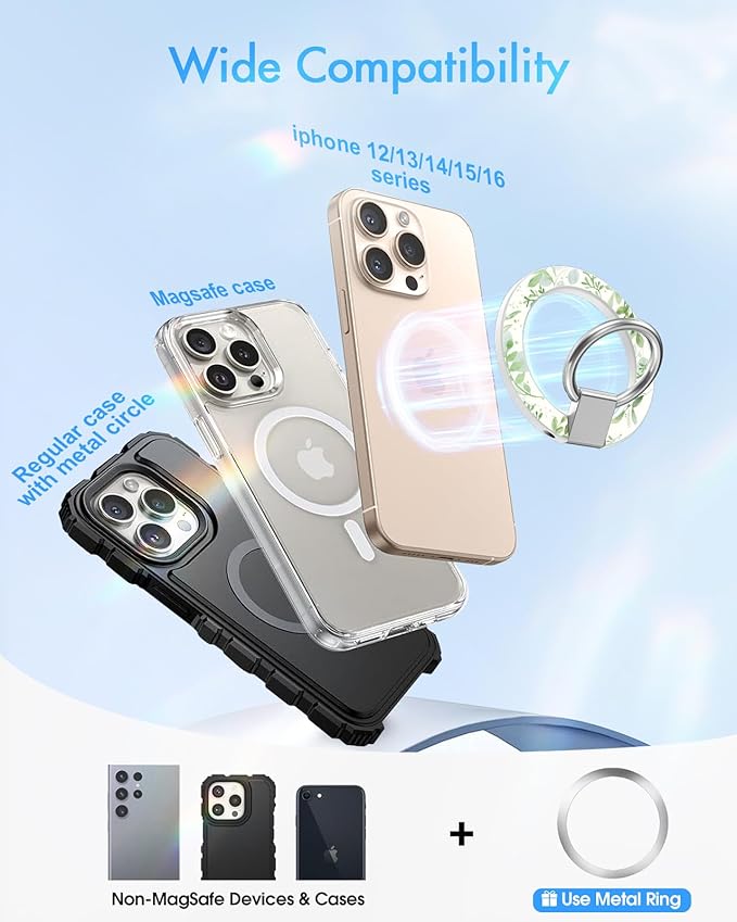 Toycamp Phone Grip Ring Holder Compatible with MagSafe - Magnetic Phone Grip Stand Women Cute Painting Removable Rotatable Magnet Accessories for iPhone 17 Pro Max/16/15/14/13/12 Series, Leaves