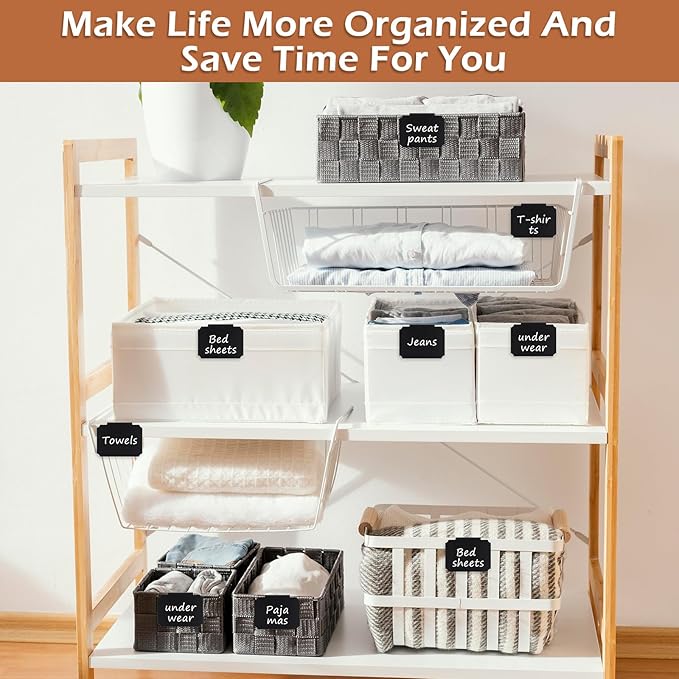 62Pcs Labels for Storage Bins, Including 20 Erasable Basket Labels Clip on Holder Removable PVC Bin,40 Pantry Labels, and 2 Chalk Marker Labels for Organizing Containers Drawer Basket Tags