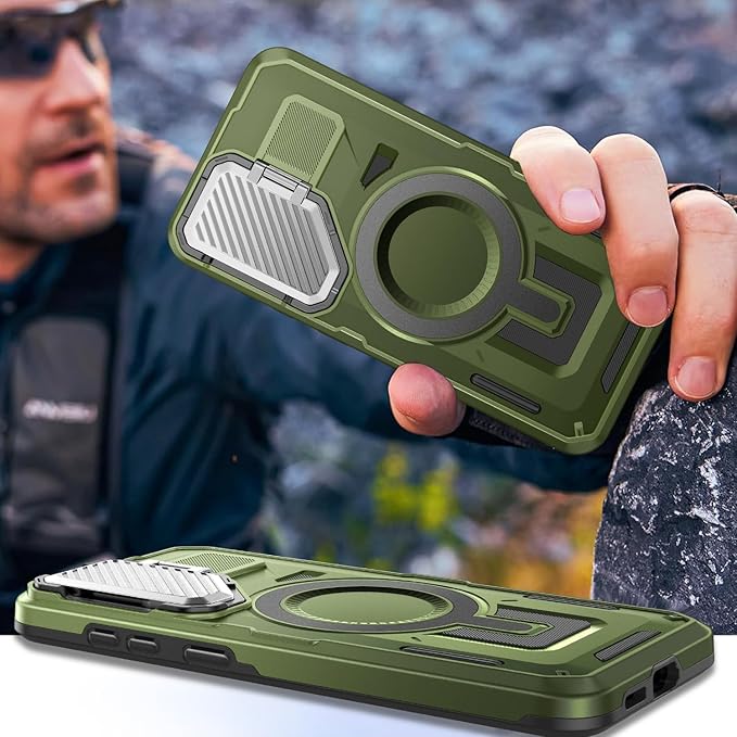 Camera Stand Case for Galaxy S23 Plus, [Compatible with Mag Safe][Lens Cover] 2024 Version Military Grade Protective Soft Case for Samsung Galaxy S23 Plus 6.6" Men Women, Green