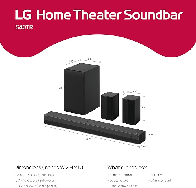 LG S40TR 4.1 ch. Home Theater Soundbar with Rear Surround Speakers and Wireless Subwoofer, Wow Interface, Dolby Audio, AI Sound Pro, Amazon Exclusive