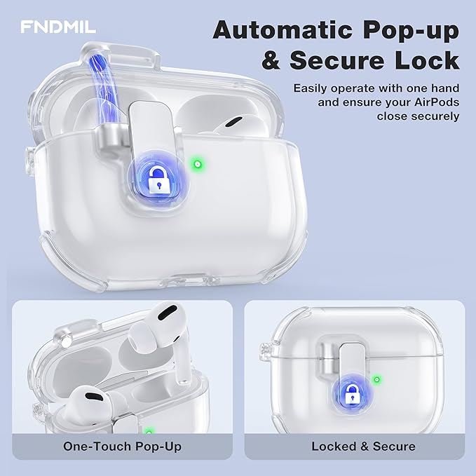 Case for AirPods Pro Case Cover with [Lock Safety & Pop Up][Military Shockproof] Anti-Yellow Transparent Soft TPU Wireless Charging for AirPods Pro Generation Case with Keychain,Clear