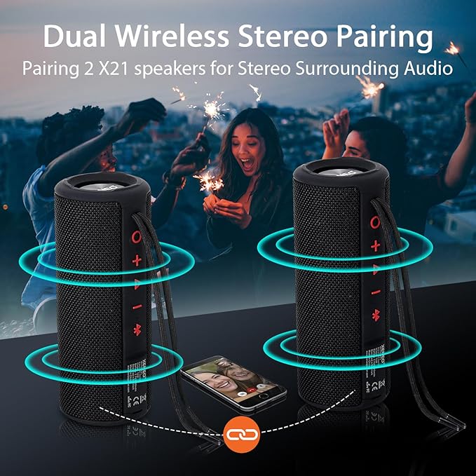 X21 Dual Portable Bluetooth Speakers Waterproof Outdoor Wireless Stereo Pairing with FM Radio, Micro SD Card, IPX6, Aux Jack 30W for Home, Office, Party and Travel (Pack 2 Black)