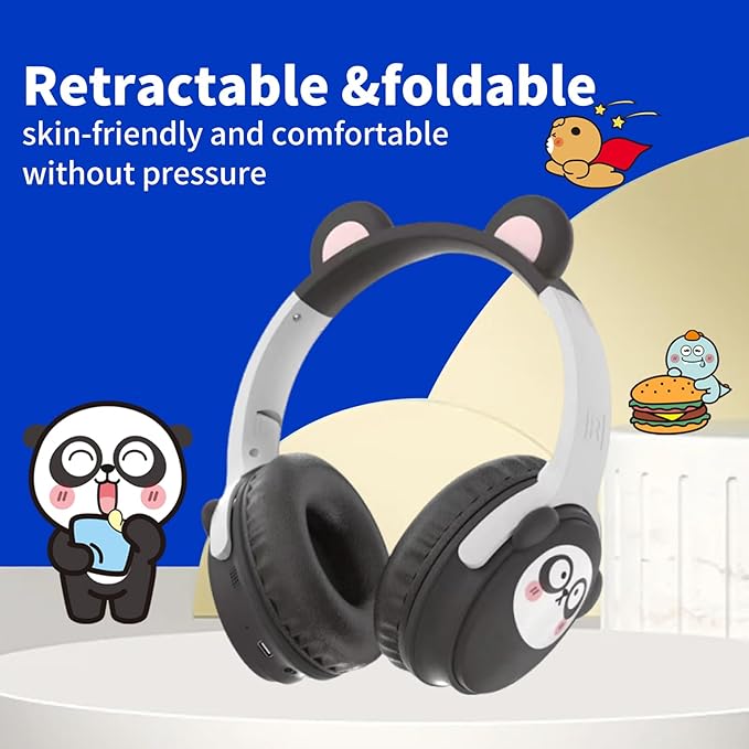 Kids Bluetooth Headphones， 85dB Safe Volume Limit, Stereo，Foldable Cute Up Cat Ear Children，Cartoon Animal Design,Ultra-Soft Over-Ear,Suitable for School & Travel (Black)