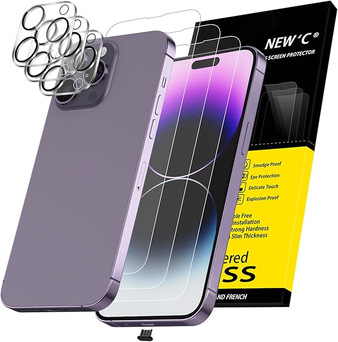 NEW'C 3x for iPhone 14 Pro Max Screen Protector (6.7 inches)+ 3x Camera Lens Protector, Sensor Protection + Dust Plug - Case Friendly Tempered Glass Film, Ultra Resistant