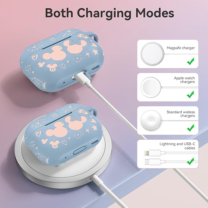 Compatible with Airpods Pro 2nd/1st Generation Case Cover with Keychain, Women Men Soft Silicone Two-Tone Cute Cartoon Engraved Convenience Protective Case, Front LED Visible Blue/Pink