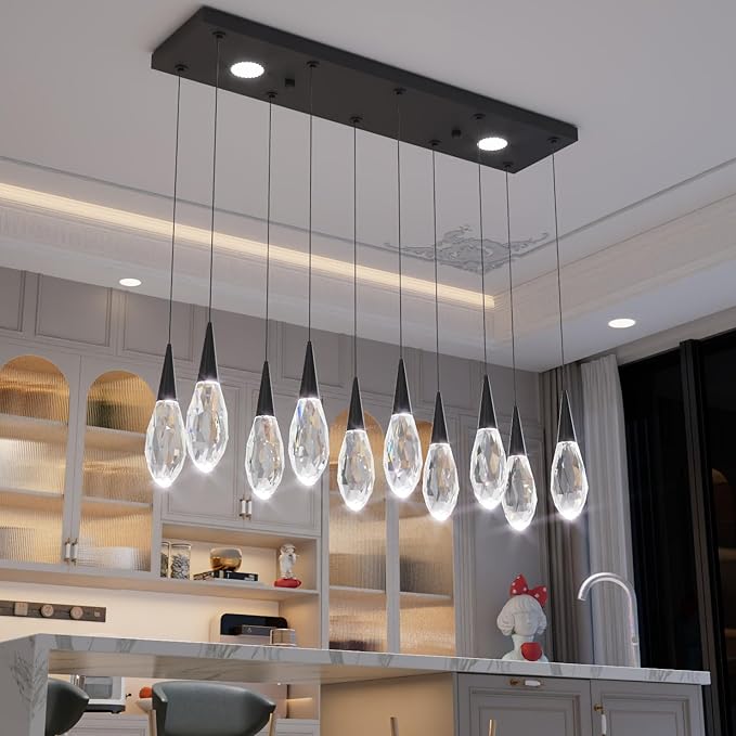 10-Lights Modern Rectangular Chandelier LED Black Rectangular Pendant Light Fixture Raindrop Chandelier for Dinning Room Staircase Living Room Foyer