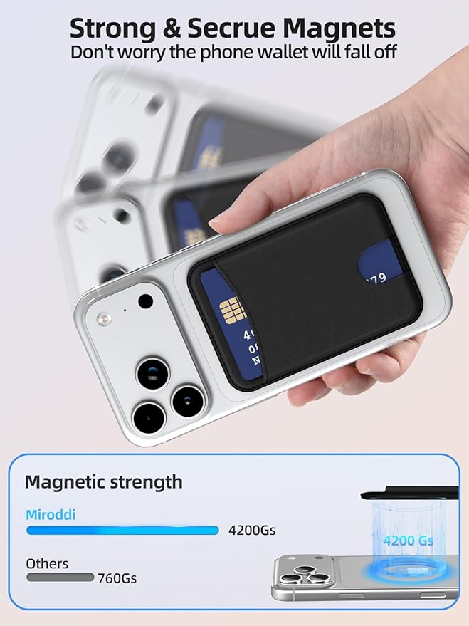 Miroddi for Magsafe Wallet, Magnetic Card Holder for iPhone 17/16/15/14/13/12 Series, Leather Magnet Phone Wallet Fit 4 Cards 3 Cash, Ultra-Thin, RFID Blocking, Black