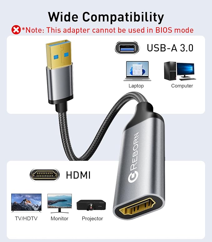 Reborn USB to HDMI Adapter, 1080P@60Hz USB 3.0 Male to HDMI Female Multi-Display Cable Converter Suitable for Macos Windows 7/8/10/11 - Driver Installation is Required
