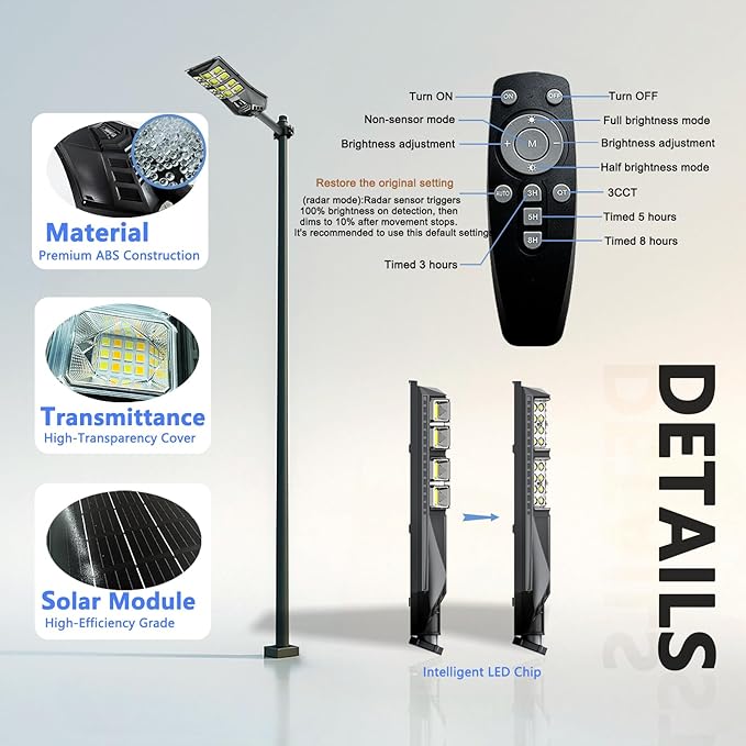 3 CCT In One Solar Street Light, 240000 LM LED, Radar/Motion Sensor, Waterproof - for Driveway, Garden, Backyard (4)