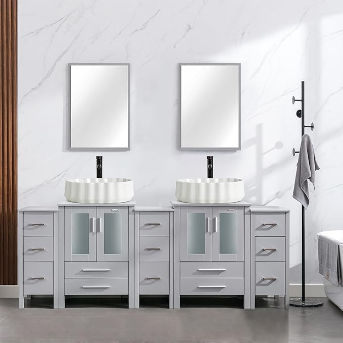 eclife 84" Modern Bathroom Vanity Sink Combo Freestanding Cabinet with Small Side Cabinet, White Shell Ceramic Vessel Sink, Water Save Faucet, Drain (Gray+T54)