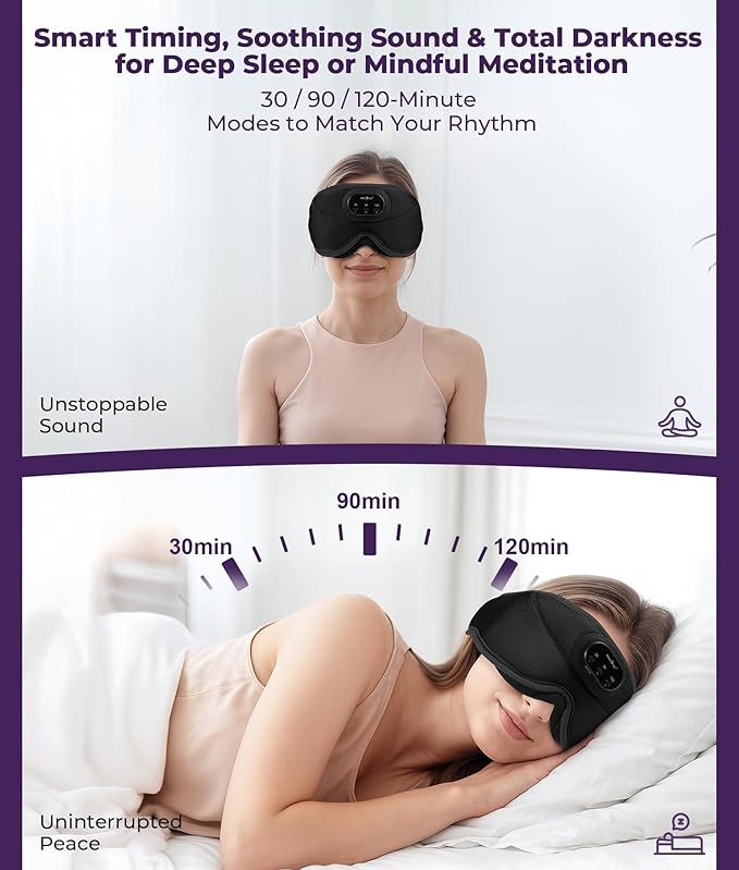 MUSICOZY 3D Bluetooth Sleep Mask with Headphones and Timer, Wireless Sleep Headphones for Side Sleepers, Eye Mask with Bluetooth Headphone, 2 Packs