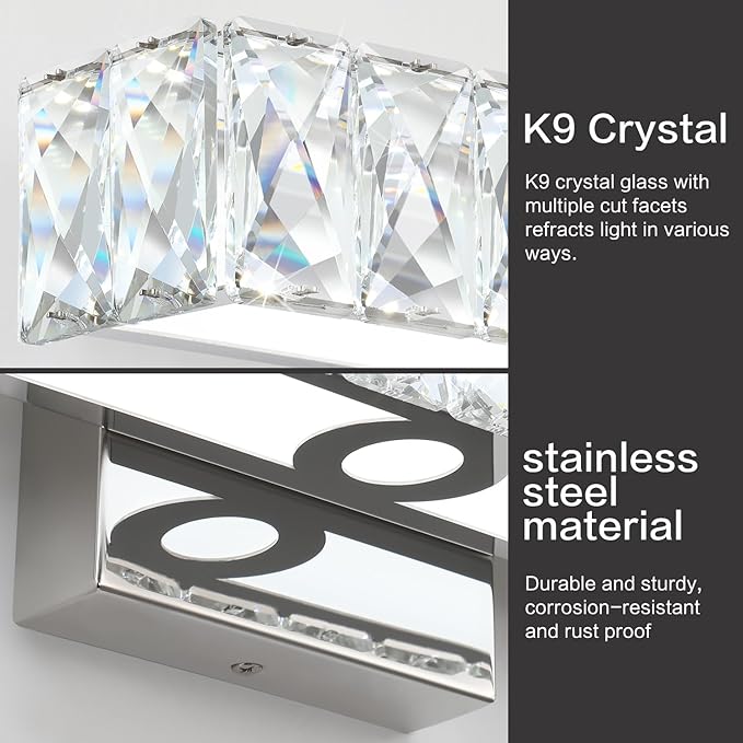 SOLFART Crystal Bathroom Vanity Lights Over Mirror, Chrome Bathroom Light Fixture, 16.5 Inch LED Lights for Bathrooms Vanity Lights for Bath Chrome