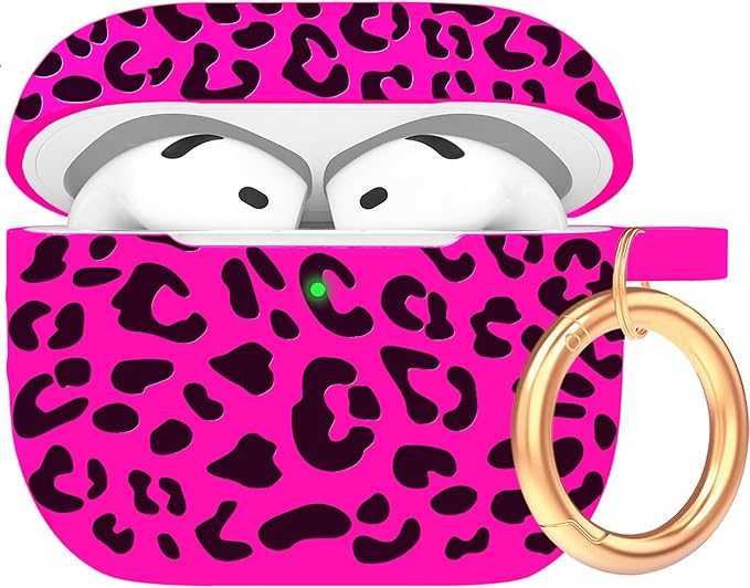 Silicone Leopard AirPods 4 Case 2024, Gawnock Case Cover for Apple Airpods 4th Generation Print Soft Flexible Cover for Air Pod 4th Women Girls, Skin with Keychain - Leopard Hot Pink