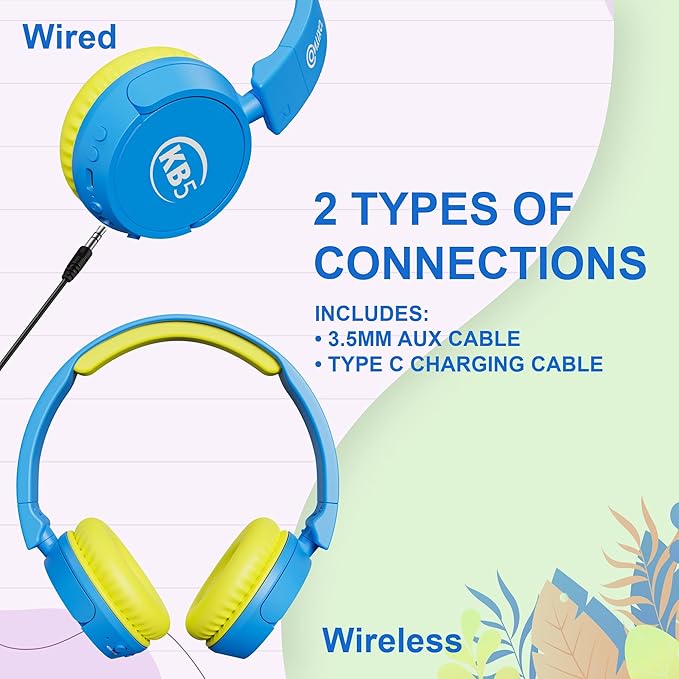 Contixo KB-5 Kids Headphones - Over The Ear Foldable Bluetooth Wireless Headphone for Kids - 85dB with Volume Limited - Toddler Headphones for Boys and Girls (Blue + Yellow)
