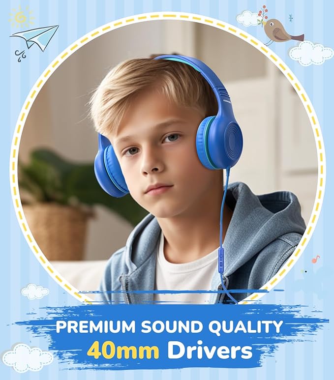 Upgrade USB Type C Kids Headphones, Wired Headphones for Kids with Microphone for Boys Girls, Adjustable 85dB/94dB Volume Limited (Navy/Blue)