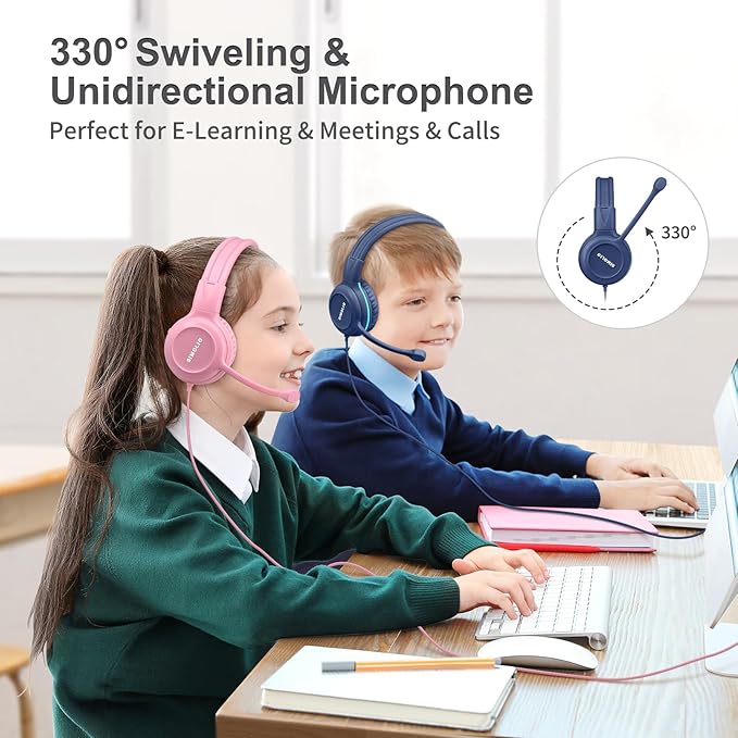 SIMOLIO 2 Pack Kids Headphones with Microphone for PC Laptop with 75/85/94dB Volume Limiting, Noise Cancelling Stereo Wired Headphones Kids with Cord for Boys, Girls, Teens
