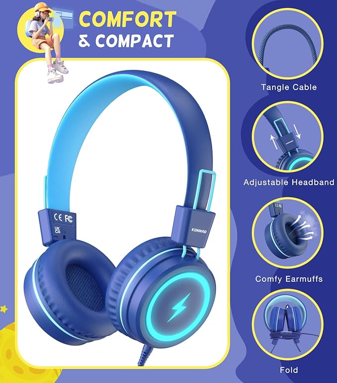 Kid Headphones for School, USB Type C Kids Headphone with LED Lights, Wired Boys Girls Headphones with Safe Limiter 85dB/94dB, Foldable On Ear Headphones with Microphones for Girls, Boys, iPad-Blue