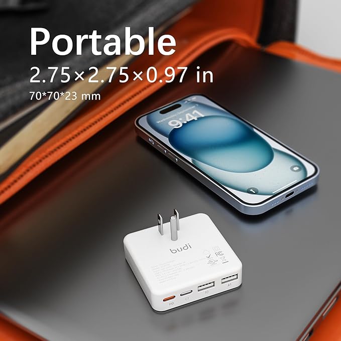 BUDI Flat USB C Wall Charger, 34W 4-Port Slim USB Wall Charger, Fast Charging Block with 20W Port Power Delivery and Dual Type-C for iPhone 16/15/14/13/12/11/Pro Max/XS/XR/8/7,Tablets