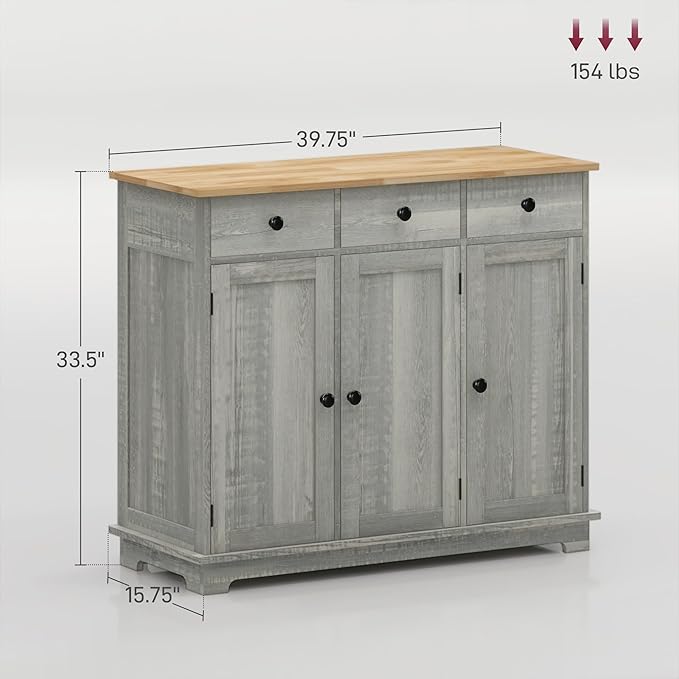HOMCOM Sideboard with Solid Wood Countertop, Modern Kitchen Storage Cabinet, Coffee Bar Cabinet with 3 Drawers, Doors and Adjustable Shelf, Distressed Light Gray