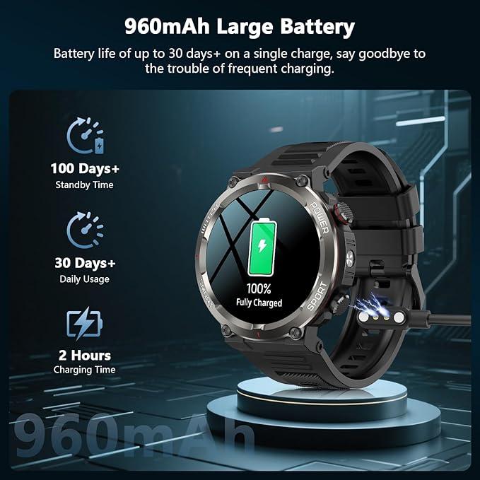IOWODO Military Smart Watch for Men -100-Day Long Battery Life,Fitness Tracker with LED Flashlight/Compass,Heart Rate Monitor,120+ Sports Modes,IP68 Waterproof,Bluetooth Call Smartwatch for iOSAndroid