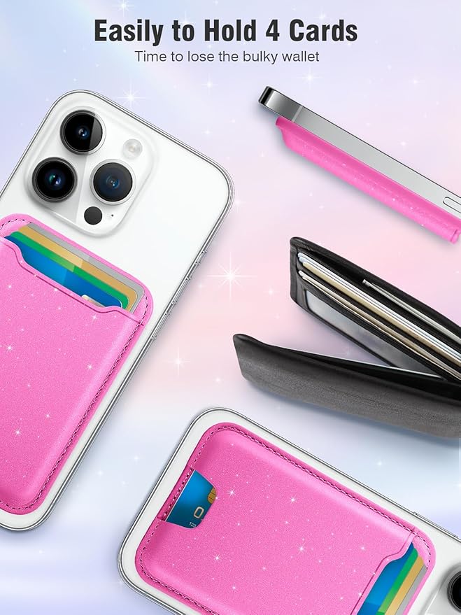 TopMade for Magsafe Wallet, Sparkle Magnetic Card Holder for iPhone 17, iPhone 16/15/14/13/12 Series, Leather Magnetic Phone Wallet with Powerful Magnet, RFID Blocking, Fit 4 Cards, Glitter Pink