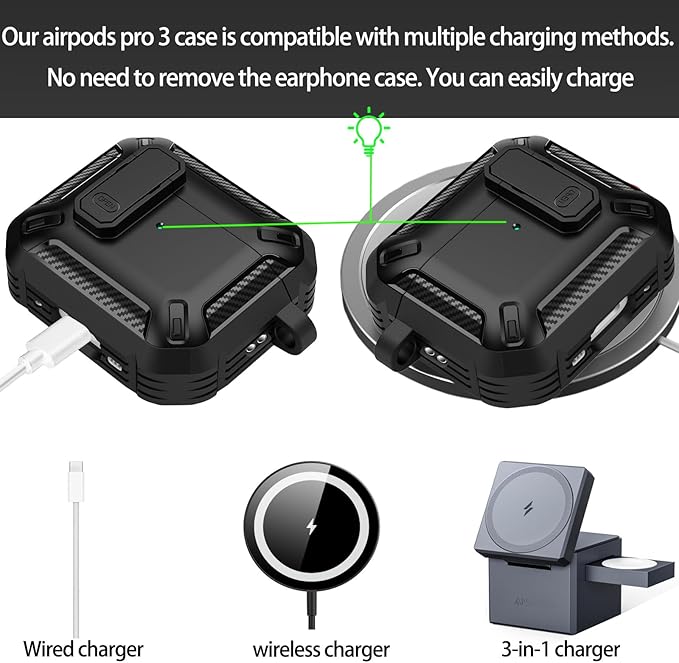 for AirPods Pro 3 Case, Secure Lock Cases Cover with Carabiner Compatible with Airpods Pro 3rd Generation Case, Full Body Shockproof Protective AirPod Case for Men Women(Black All)