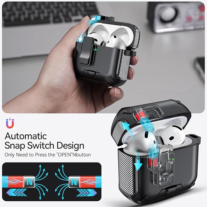 for AirPods 4 Case (2024) with Phone Stand,（with Automatic Snap Switch） Carbon Fiber Design Protection Cover with Cleaning Pen,Black