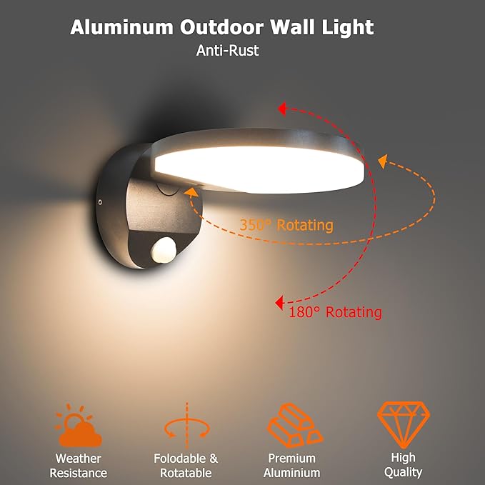 Motion Sensor Outdoor Wall Light 18W 1980LM Black Round LED Porch Lights IP65 Waterproof Wall Sconce Lighting 350°Rotating 180° Foldable Exterior Patio Wall Light Fixture for House