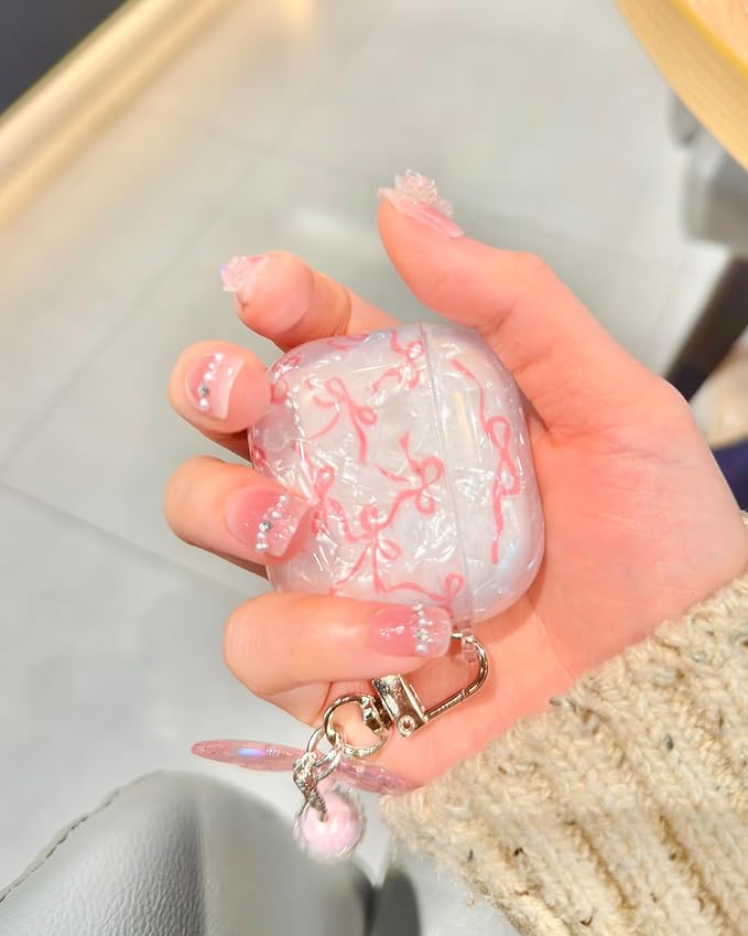 Compatible with AirPods 4 Case Cute, Shell Pattern Shockproof Protective Cover for Girls Women with Butterfly Keychain Designed for AirPod 4th Generation, Pink Bow