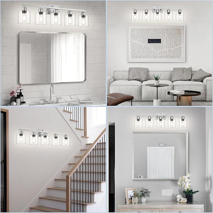 Modern Brushed Nickel 5 Light Bathroom Vanity Light, 31 inch Bathroom Lights Fixtures, Vanity Lights for Mirror Kitchen Living Room Hallway Cabinet Porch