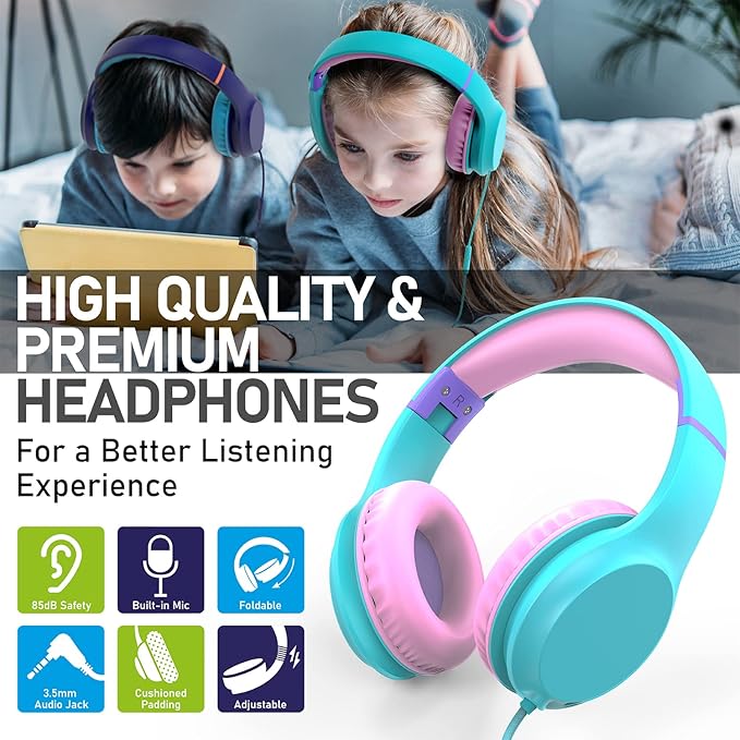 FosPower Kids Headphones with 3.5mm Laced Cables, Children & Teens Over The Ear Foldable Adjustable Headset w/Built-in Mic for Smartphones/PC/Tablet/Laptop/School (Max Volume 85dB) - Mint/Pink
