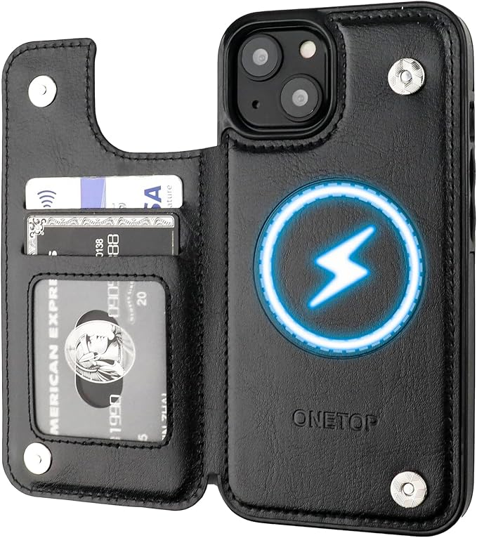 ONETOP Compatible with Magsafe for iPhone 13 Wallet Case with Card Holder, PU Leather Kickstand RFID Blocking Case, Double Magnetic Clasp and Durable Shockproof Cover 6.1 Inch (Black)